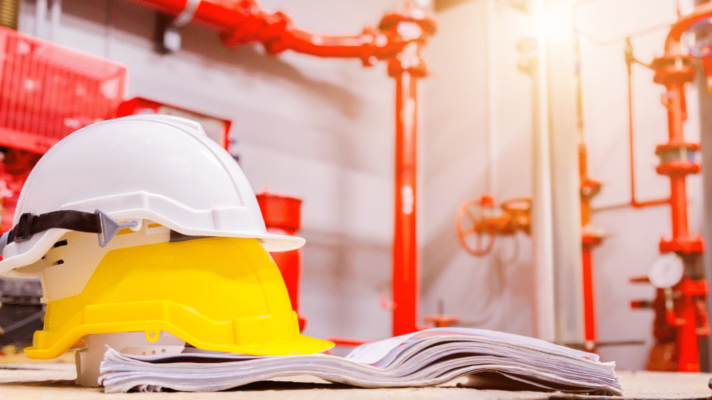 Capacetes de segurança e manual técnico posicionados em ambiente com tubulações e válvulas, ilustrando a importância da prevenção de incêndio e o uso de equipamentos para proteção em sistemas de combate a incêndios.