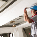 Homem com capacete azul instalando detectores de fumaça no teto de um ambiente interno, vestindo uniforme de trabalho e utilizando ferramentas apropriadas.