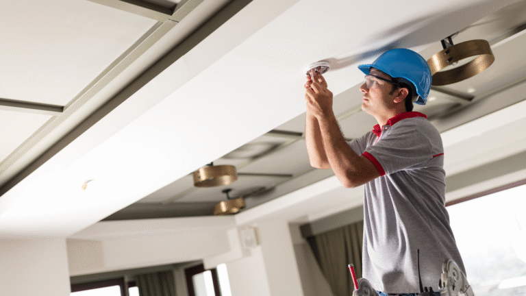 Homem com capacete azul instalando detectores de fumaça no teto de um ambiente interno, vestindo uniforme de trabalho e utilizando ferramentas apropriadas.