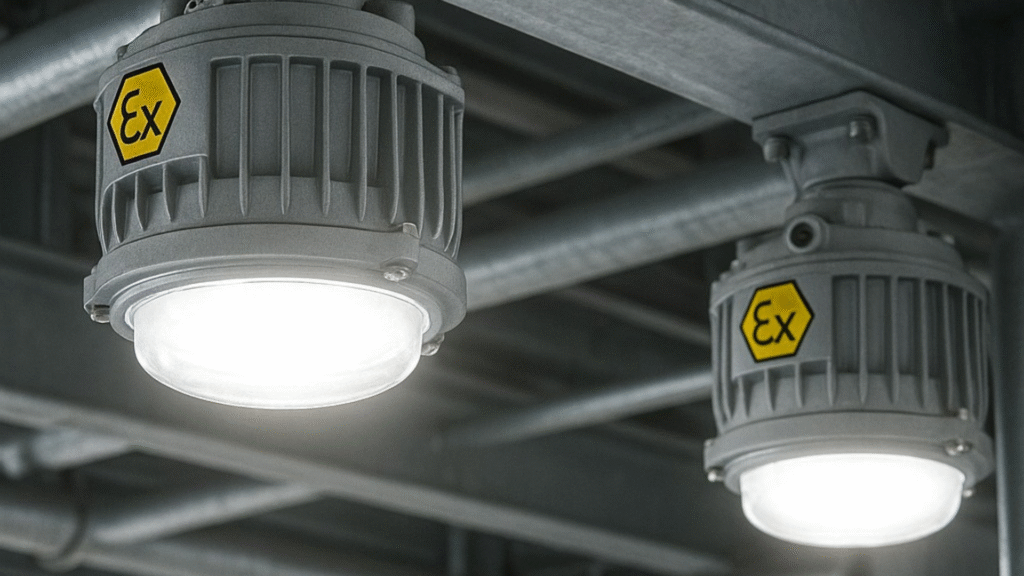 Luminárias à prova de explosão instaladas no teto metálico de uma estrutura industrial, com luz branca intensa em ambiente interno.