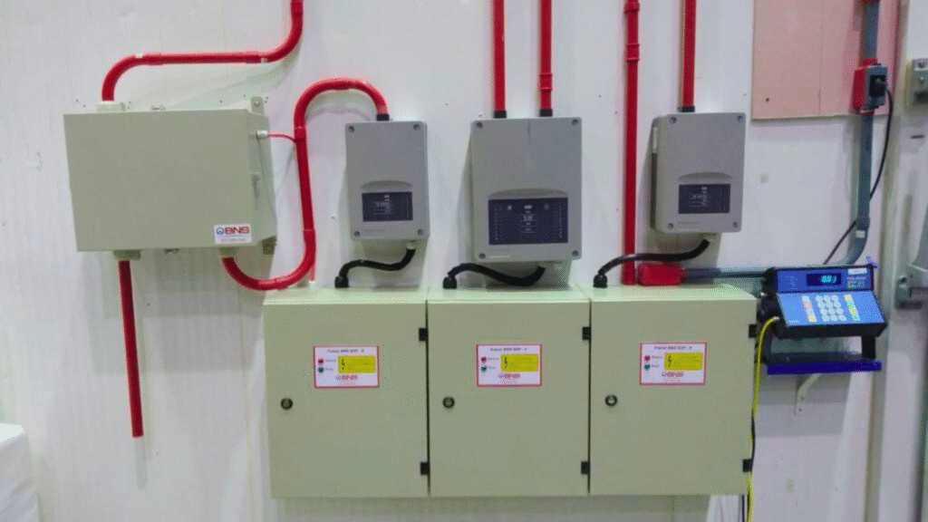 Sistema de detecção de fumaça com painéis e controladores instalados em parede, incluindo três módulos cinza, conduítes vermelhos e caixas de controle elétrico, utilizado em ambientes industriais para monitoramento de incêndios.