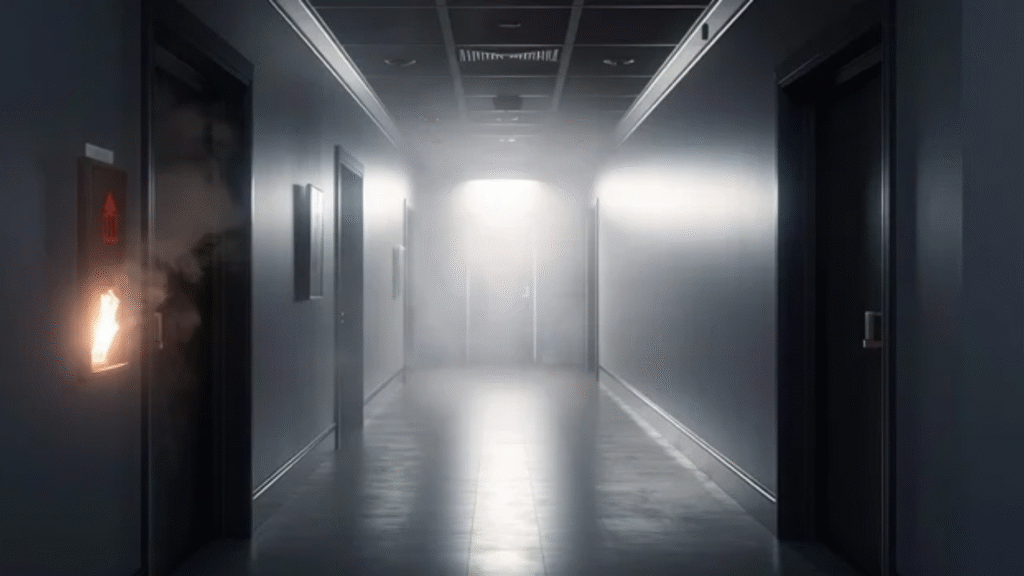 Corredor com fumaça e princípio de incêndio próximo ao elevador, iluminado por luzes e sinalização de emergência.