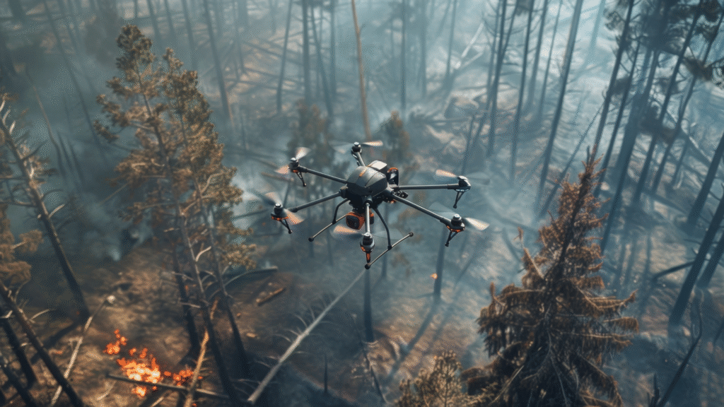 Drone sobrevoando floresta durante o combate a incêndio, com áreas queimadas e focos de fogo visíveis entre as árvores.