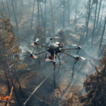 Drone sobrevoando floresta durante o combate a incêndio, com áreas queimadas e focos de fogo visíveis entre as árvores.