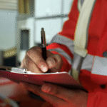 Profissional com uniforme de alta visibilidade preenchendo checklist em prancheta durante inspeção de segurança contra incêndio.