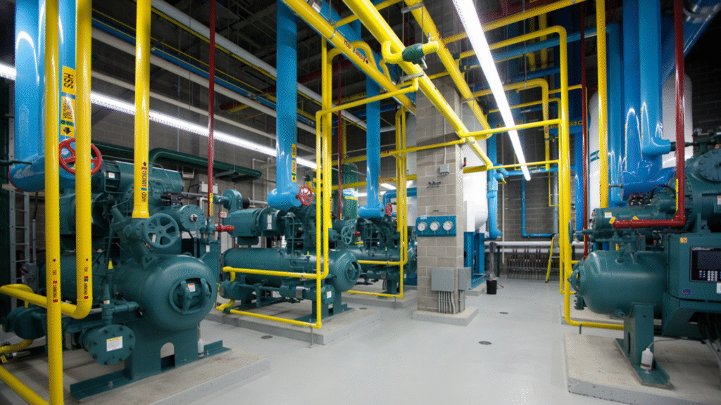 Interior de uma sala industrial com tubulações amarelas e equipamentos azuis, representando um sistema de refrigeração que utiliza amônia como fluido refrigerante.