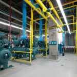 Interior de uma sala industrial com tubulações amarelas e equipamentos azuis, representando um sistema de refrigeração que utiliza amônia como fluido refrigerante.