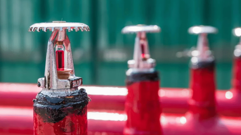 Sprinkler metálico pintado de vermelho, com foco no primeiro dispositivo e outros sprinklers desfocados ao fundo, destacando detalhes da válvula e do mecanismo de disparo.