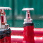 Sprinkler metálico pintado de vermelho, com foco no primeiro dispositivo e outros sprinklers desfocados ao fundo, destacando detalhes da válvula e do mecanismo de disparo.