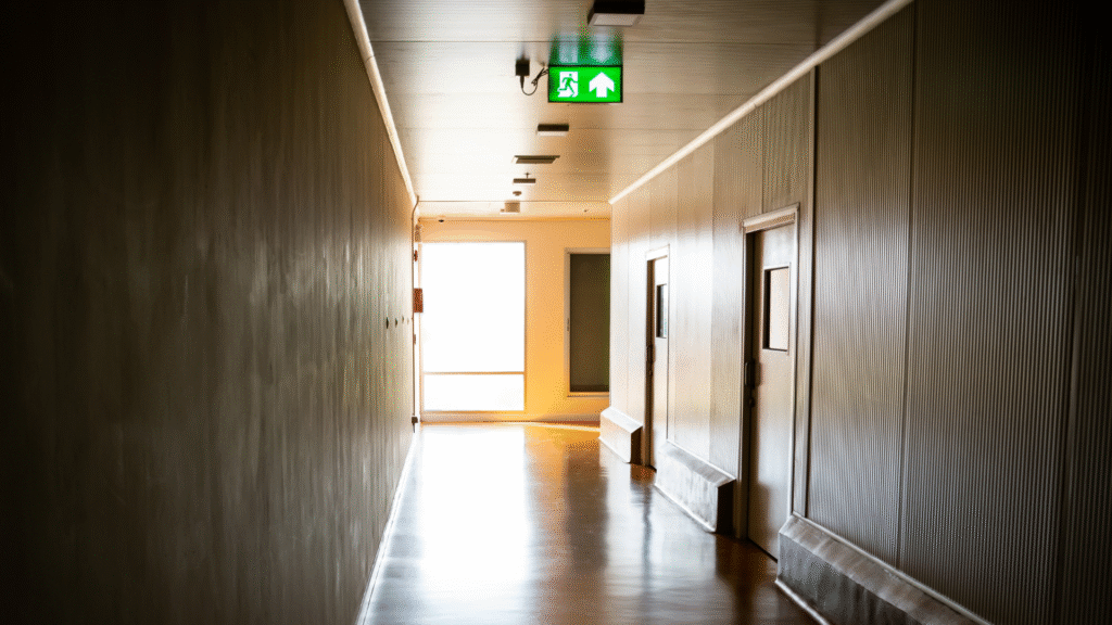 Corredor residencial com iluminação de emergência e sinalização de saída, representando medidas de segurança e prevenção para evitar incêndios em casa e condomínios.
