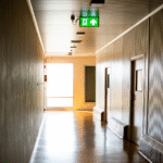 Corredor residencial com iluminação de emergência e sinalização de saída, representando medidas de segurança e prevenção para evitar incêndios em casa e condomínios.