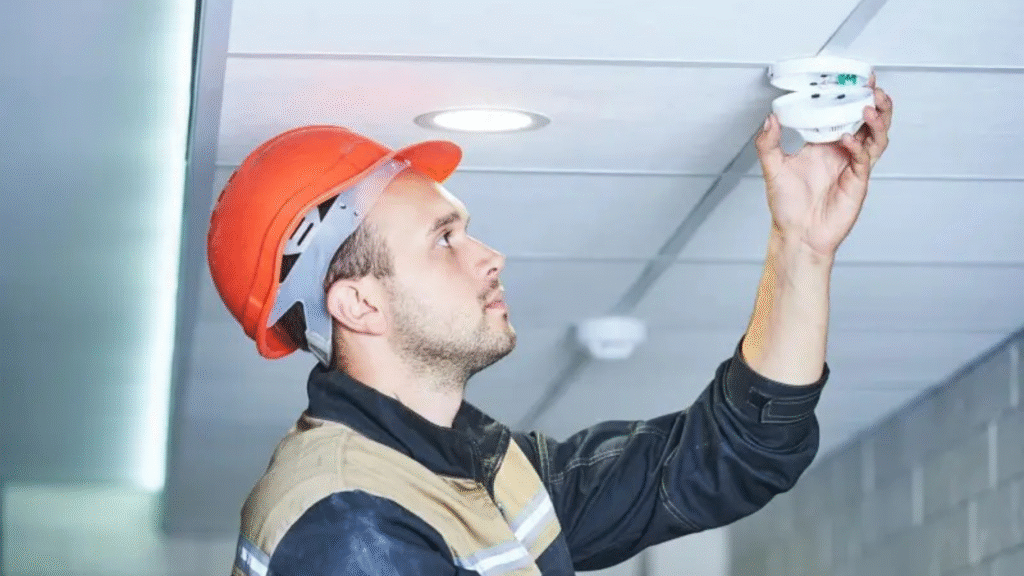 Técnico realizando a configuração de detector de incêndio no teto durante o processo de startup de sistemas de alarme em ambiente industrial.