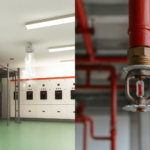 Sistemas de combate a incêndio em ambiente industrial, com supressão automática e sprinklers instalados em tubulações, mostrando estrutura essencial para prevenção e controle de incêndios.
