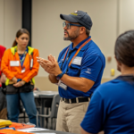 Instrutor conduz treinamento prático com colaboradores em sala corporativa, reforçando a importância da capacitação de brigadas internas para atuação em situações de emergência.