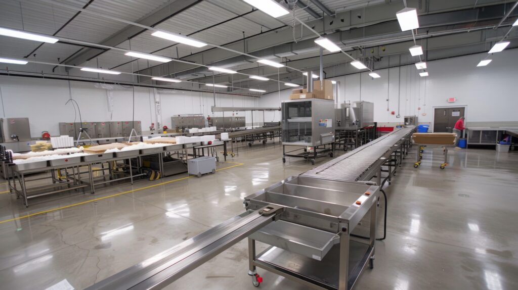 Ambiente industrial do agronegócio com linhas de produção em aço inox e área ampla e organizada, ilustrando a importância da prevenção e dos protocolos de segurança contra incêndio no agronegócio em instalações de processamento de alimentos.