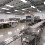 Ambiente industrial do agronegócio com linhas de produção em aço inox e área ampla e organizada, ilustrando a importância da prevenção e dos protocolos de segurança contra incêndio no agronegócio em instalações de processamento de alimentos.