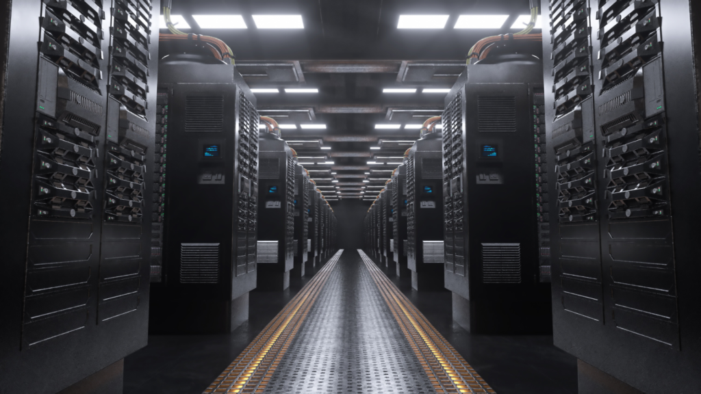 Corredor de data center com racks de servidores alinhados, ambiente controlado e estrutura projetada para segurança e prevenção de incêndios.