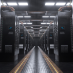 Corredor de data center com racks de servidores alinhados, ambiente controlado e estrutura projetada para segurança e prevenção de incêndios.