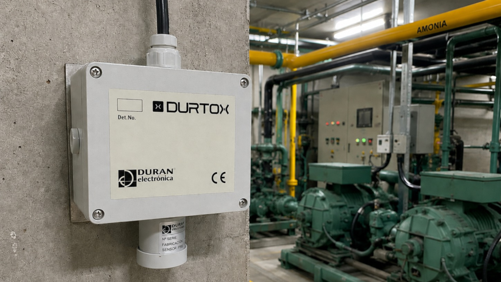 detector de gás fixo instalado em ambiente industrial, ao lado de tubulações de amônia e equipamentos de refrigeração, realizando o monitoramento contínuo para identificar vazamentos de gases e garantir a segurança da operação.