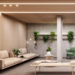 Hall de entrada de edifício de alto padrão, com mobiliário sofisticado e decoração moderna, representando a importância da segurança contra incêndio em empreendimentos de alto padrão.