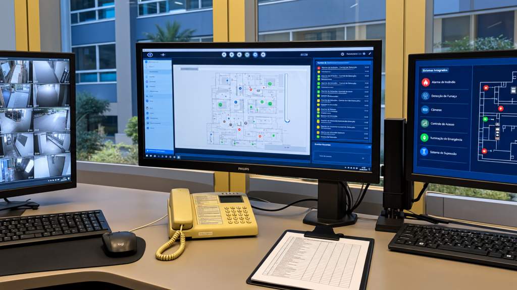 Computador exibindo um sistema de monitoramento centralizado com mapa e informações operacionais.